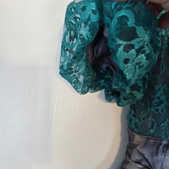 Vintage 80’s Paragon Teal Lace Formal Prom Midi Dress Gray Lining Waist Rosette - Picture 8 of 10